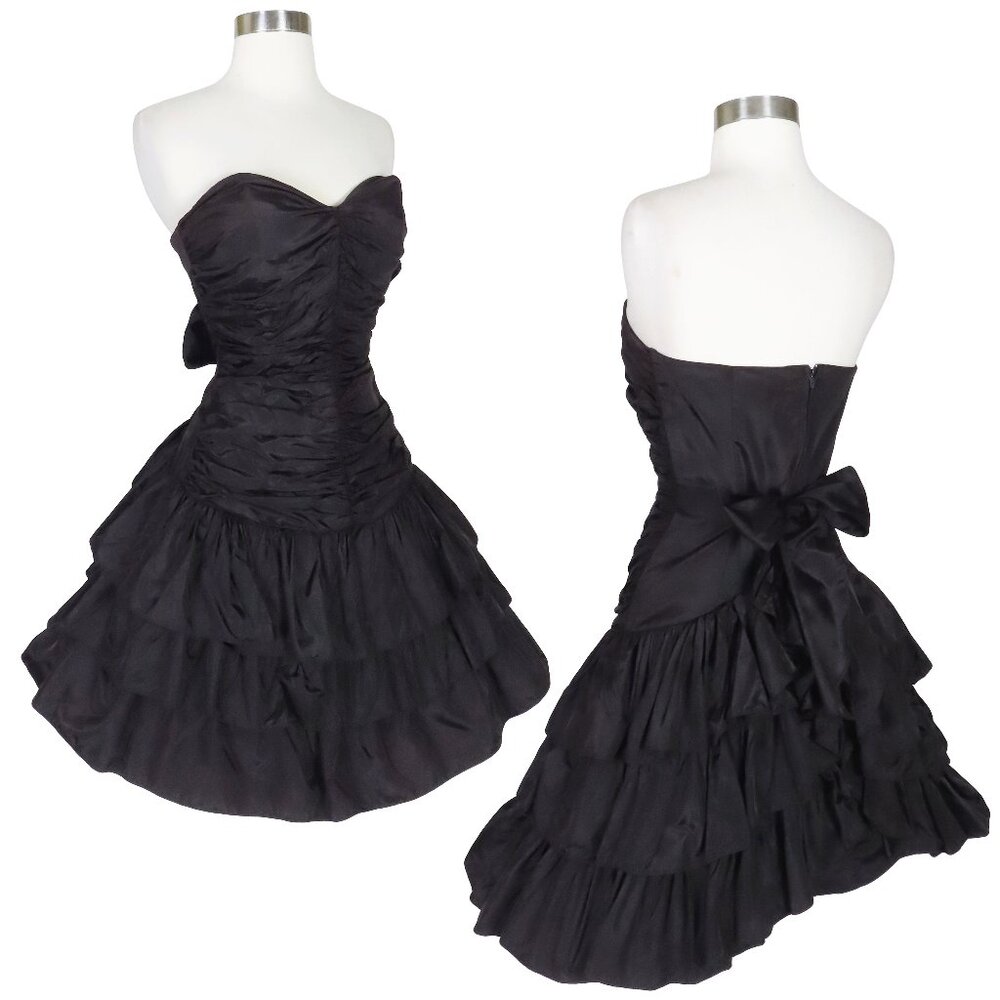 Vintage 80s Black Strapless Tiered Full Mini Skirt Cocktail Party Prom Dress XS